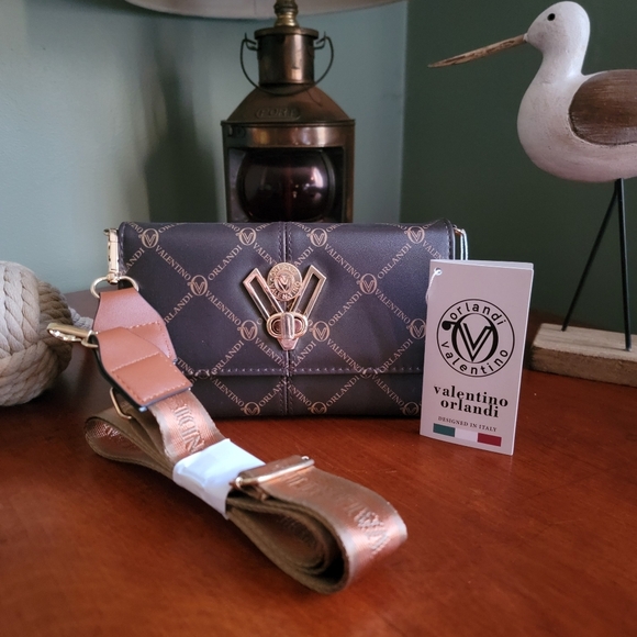 NWT Valentino Orlandi Brown Gold Vegan Leather Crossbody Bag Purse - Picture 1 of 15